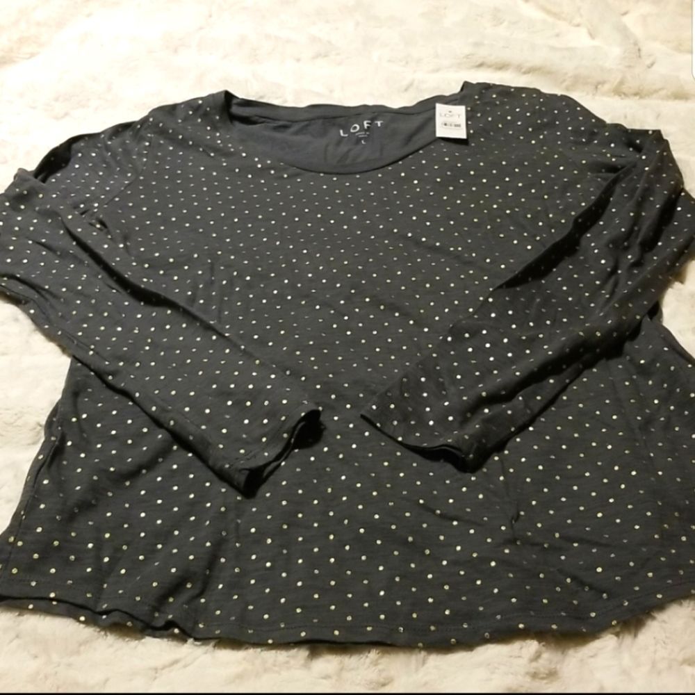 LOFT Polka Dot Top Women Large Green Stretch Long Sleeve New